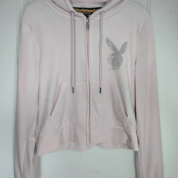 PLAYBOY Pale Pink Velour Zip-Up Hoodie with Crystal Bunny - Picture 1 of 3